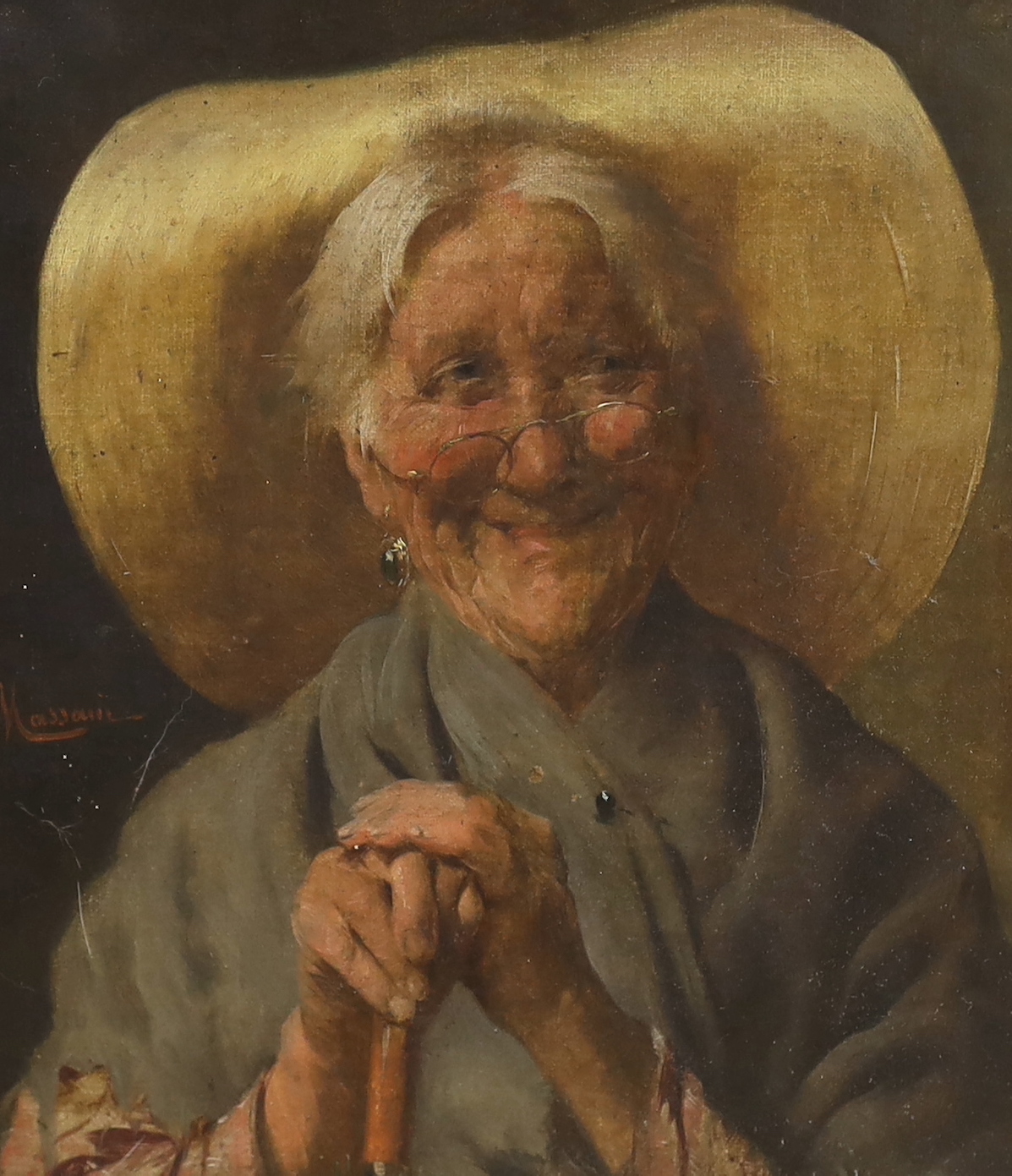 Pompeo Massani (Italian, 1850-1920), oil on canvas, Portrait of an elderly lady, signed, largest 23 x 19.5cm